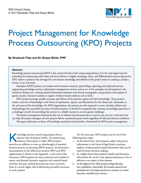 KPO (Knowledge Process Outsourcing, 지식 프로세스 아웃소싱) 프로젝트를 위한 프로젝트 관리